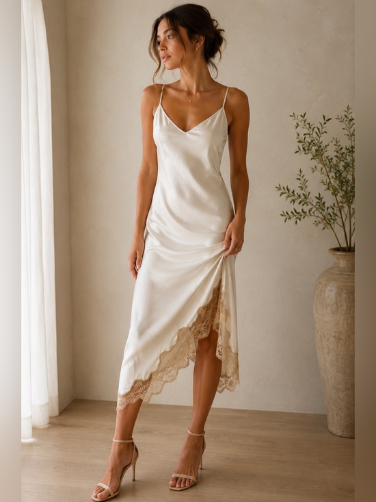 Wilfred Dresses & Skirts - Wilfred Sonnet Satin Lace Trim Slip Midi Dress Light Birch M
